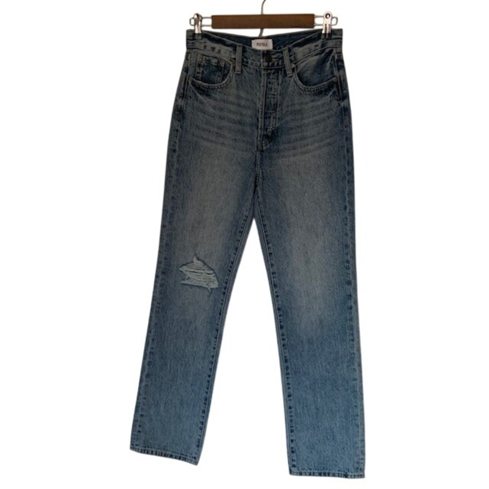 Pistola High Rise Straight Leg Jeans 26 Blue Distressed Stitched Hem EUC